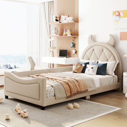 Teddy Fleece Upholstered Daybed with OX Horn Shaped Headboard, Beige