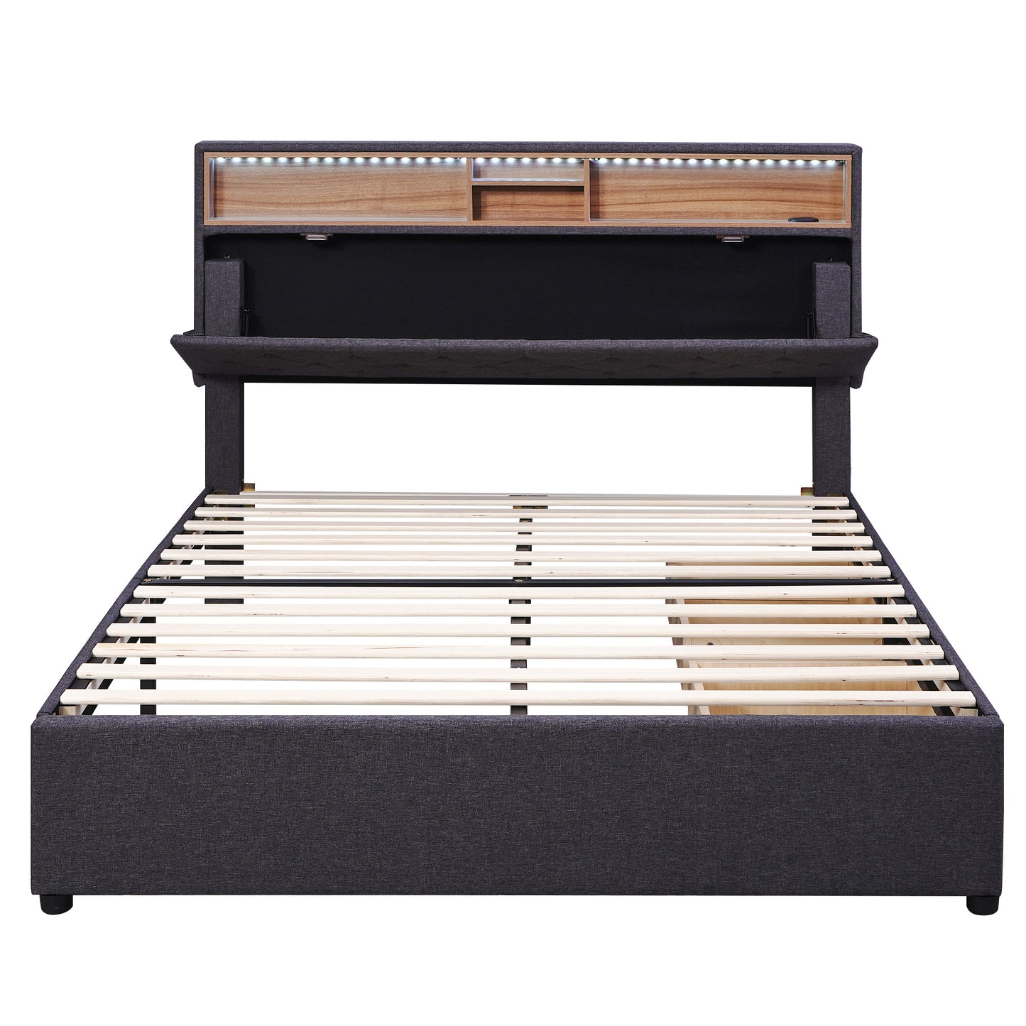 full size upholstered bed with storage headboard, led, usb charging and 2 drawers, dark gray