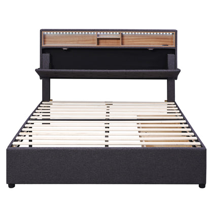 Full Size Upholstered Bed with Storage Headboard, LED, USB Charging and 2 Drawers, Dark Gray