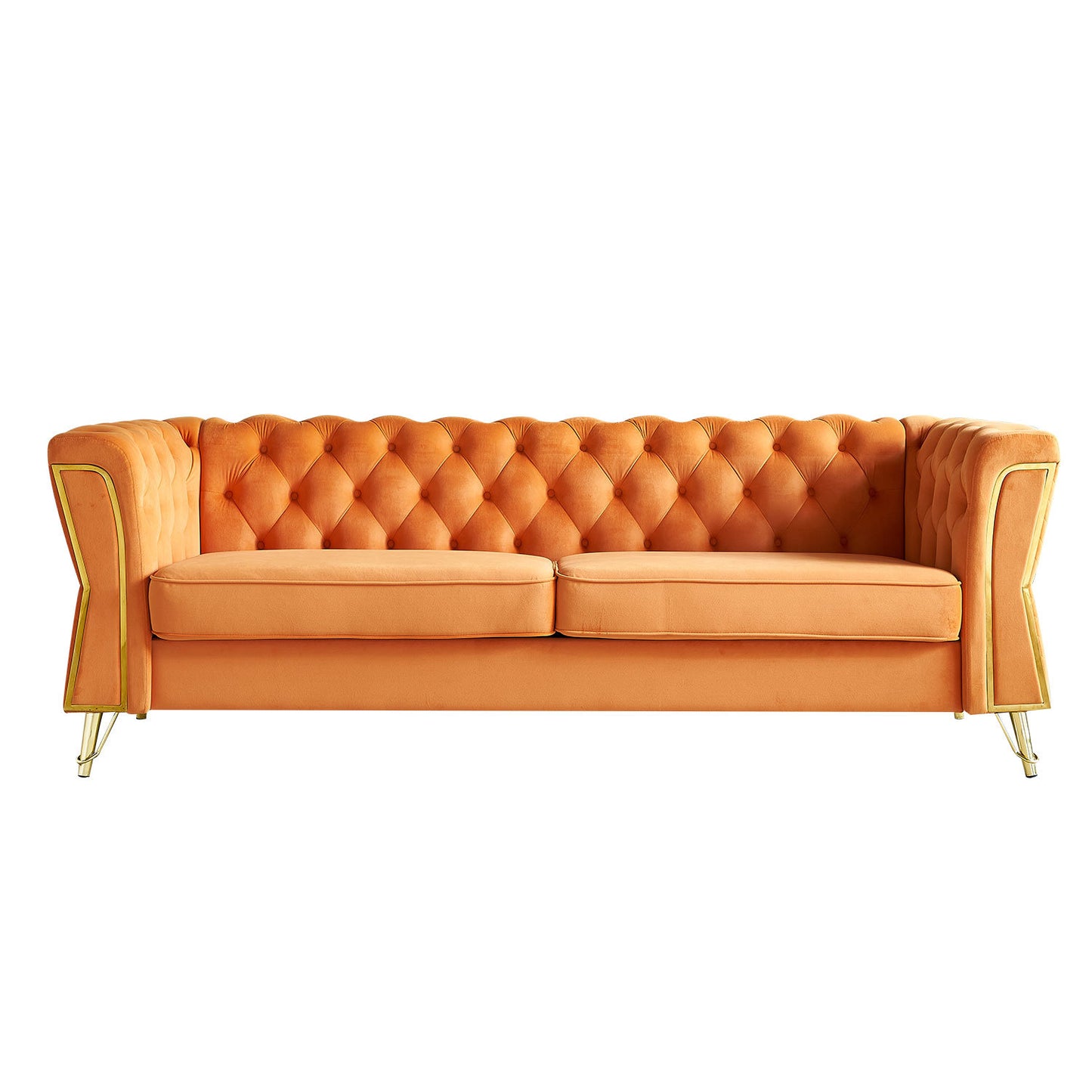modern tufted velvet sofa, orange