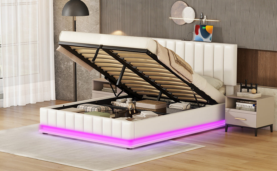 upholstered bed with hydraulic storage system and led light, sockets, and usb ports, white