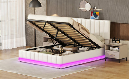 Upholstered Bed with Hydraulic Storage System and LED Light, Sockets, and USB Ports, White