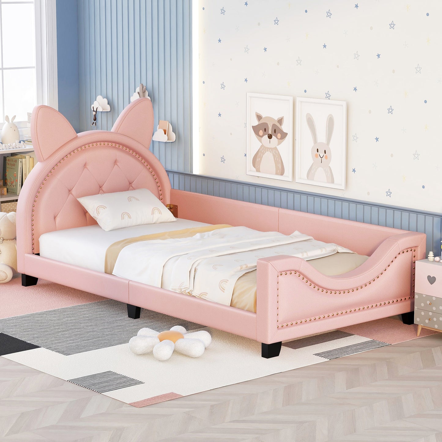 upholstered daybed with carton ears shaped headboard, pink