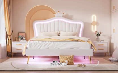 Modern Upholstered Princess Bed With Crown Headboard and LED Lights, White