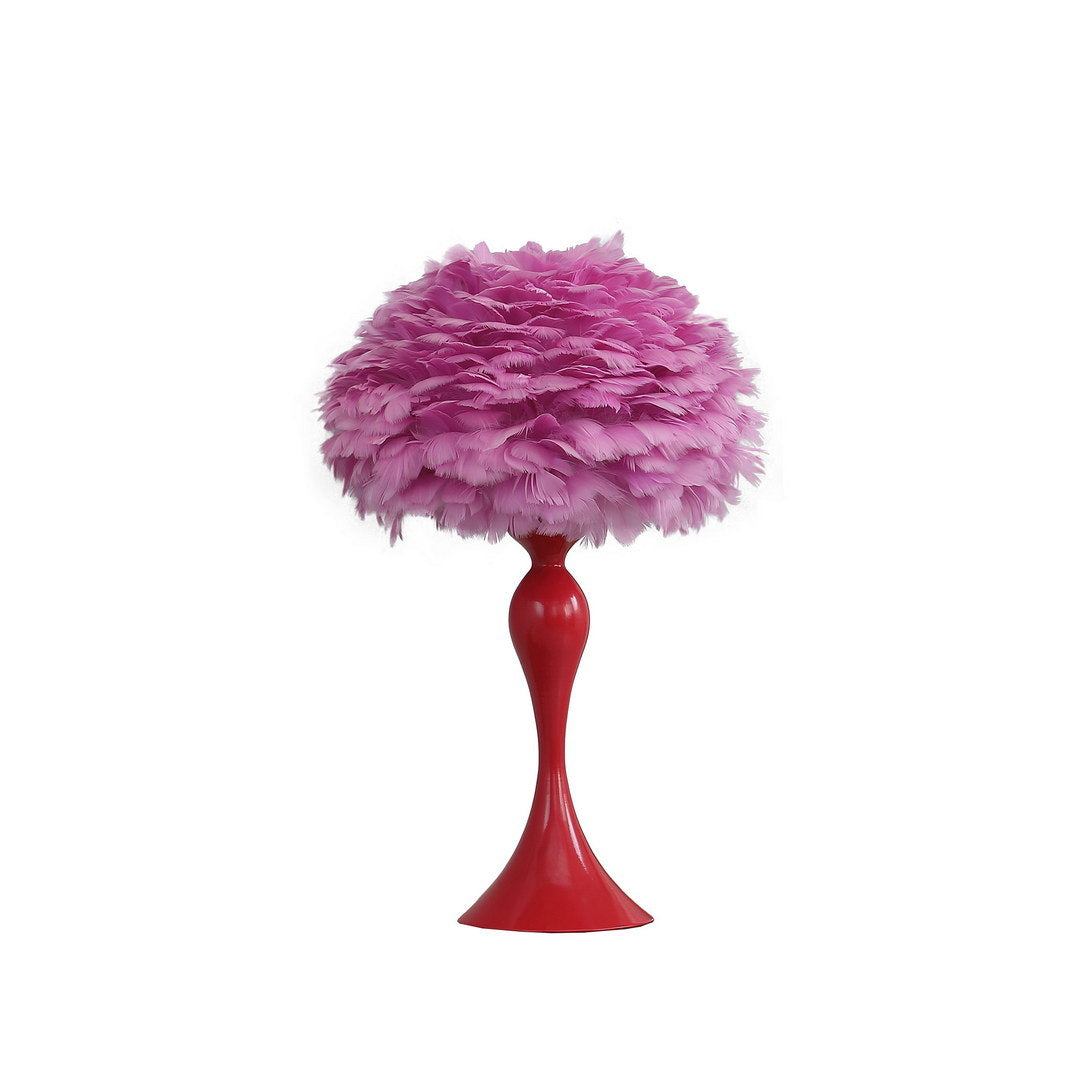18.25"in medium pink feather aquina glaze red metal contour glam table lamp
