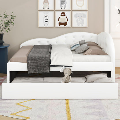 PU Upholstered Tufted Daybed with Trundle and Cloud Shaped Guardrail, White