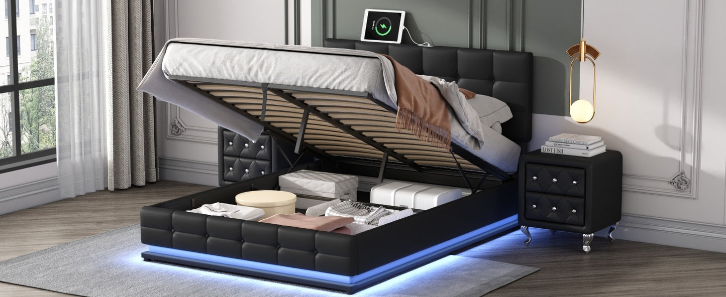 3-pieces upholstered bedroom sets with led lights ,hydraulic storage system, and usb charging station