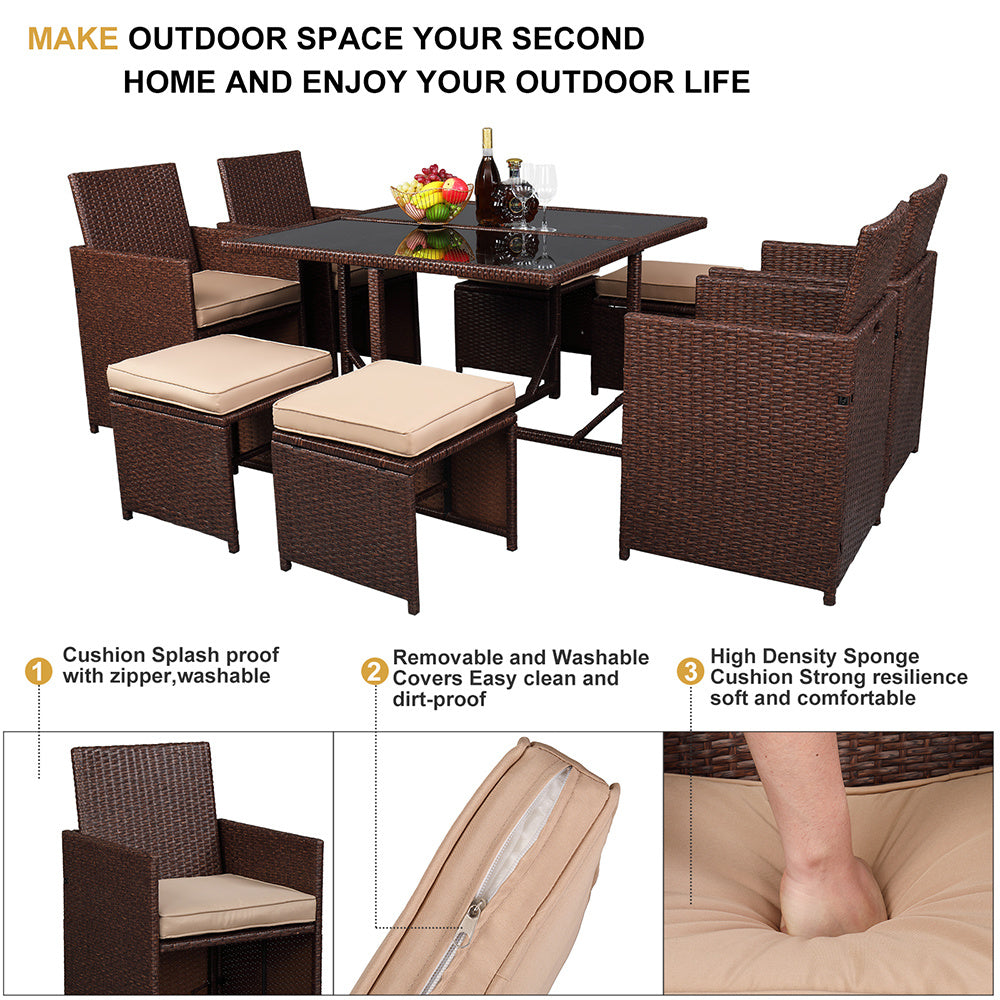 9 pcs wood grain pe wicker rattan dining set