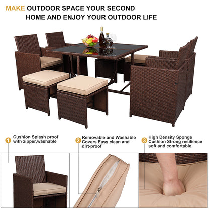 9 Pcs Wood Grain PE Wicker Rattan Dining Set