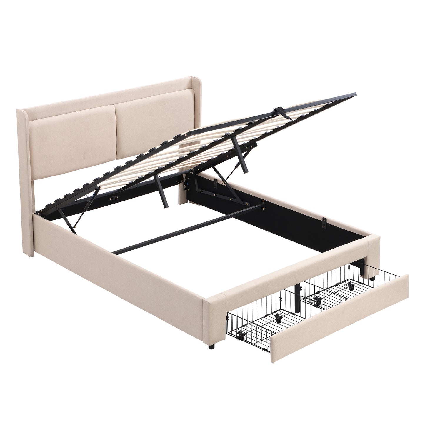 queen size storage upholstered hydraulic platform bed with 2 drawers, beige