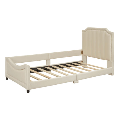 Maya Upholstered Bed with Classic Stripe Shaped Headboard, Beige