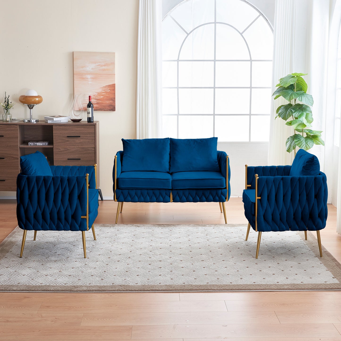fiona fluffy tufted upholstered sofa set, blue velvet