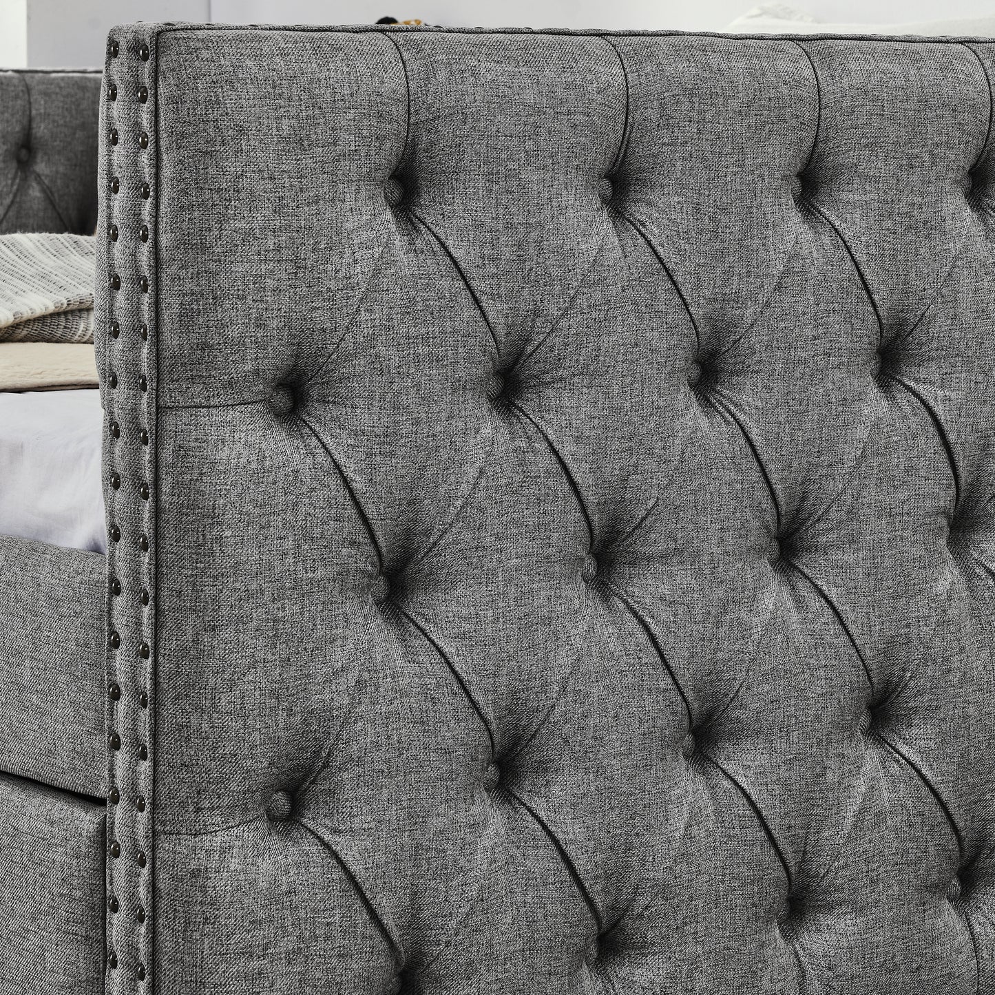 upholstered full size bed with two drawers, grey