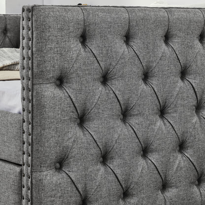 Upholstered Full Size Bed with Two Drawers, Grey