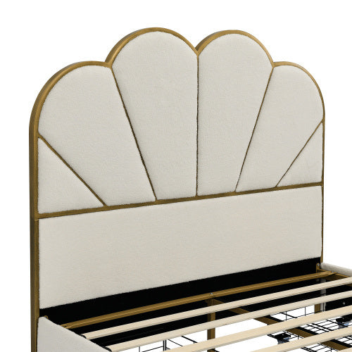 upholstered smart platform bed with 4-drawers strong wood slats, white