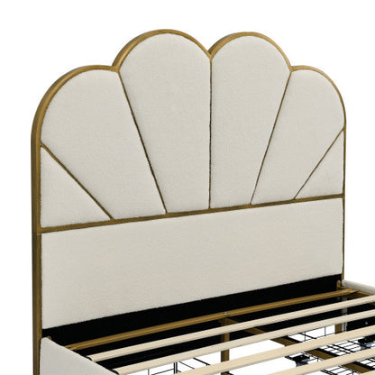 Upholstered Smart Platform Bed with 4-Drawers Strong Wood Slats, White