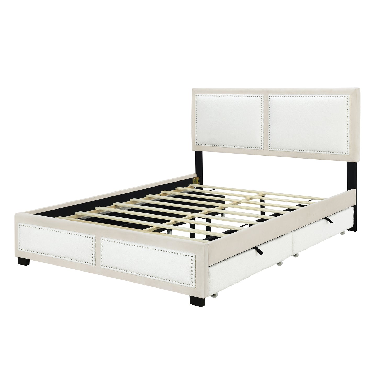 teddy upholstered platform bed with large rivet-decorated backrests and 4 drawers, velvet beige+white