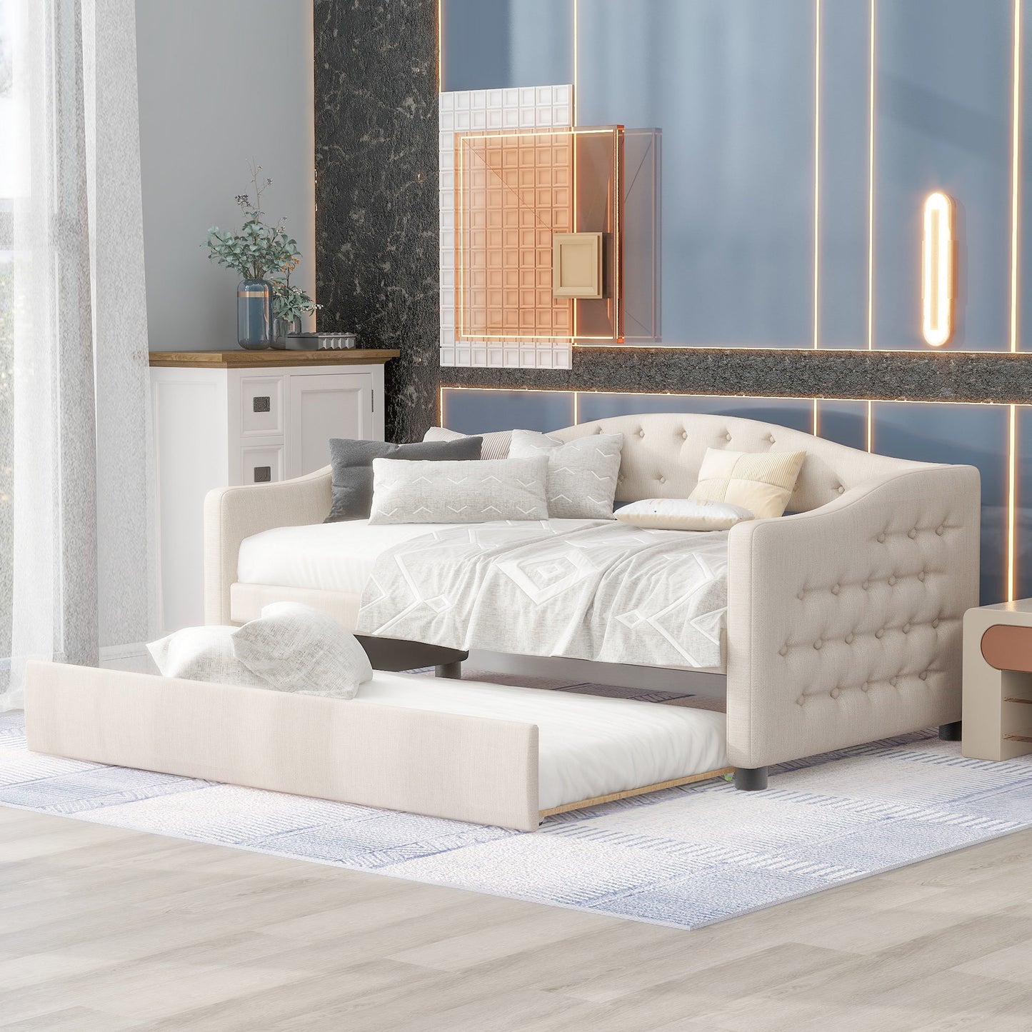 vogue upholstered bed with trundle, beige