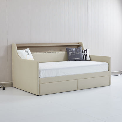 Upholstered Bed with Charging Station and LED Lights, Beige