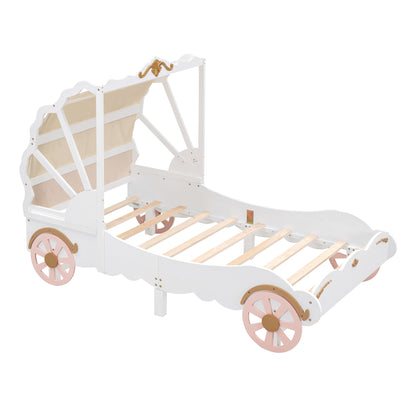 Princess Carriage Bed with Canopy, White+Pink+Gold
