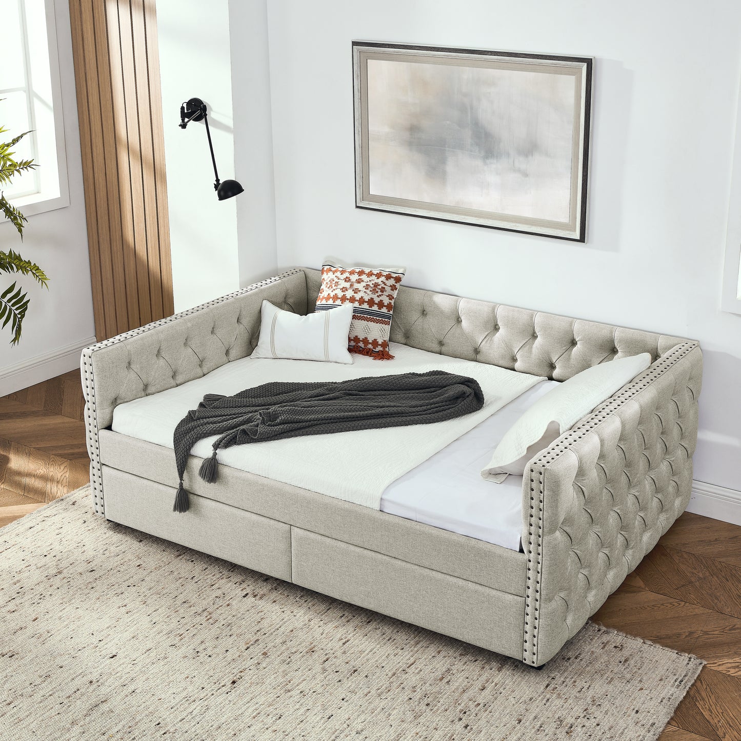 upholstered full size bed with two drawers, beige