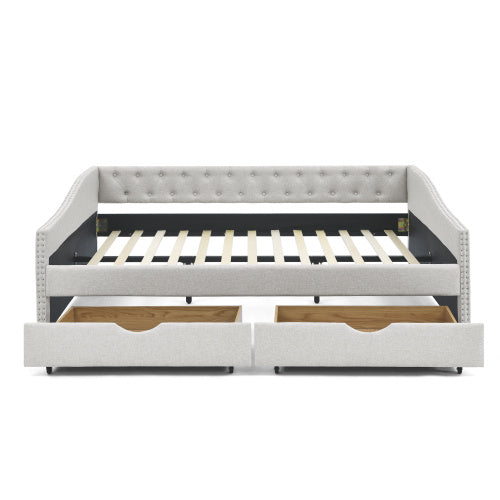 morgan queen size daybed with drawers upholstered tufted sofa bed, beige
