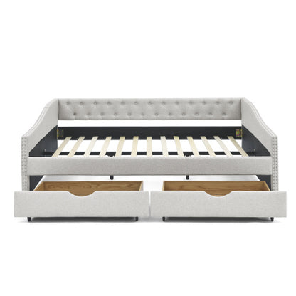 Morgan Queen Size Daybed with Drawers Upholstered Tufted Sofa Bed, Beige