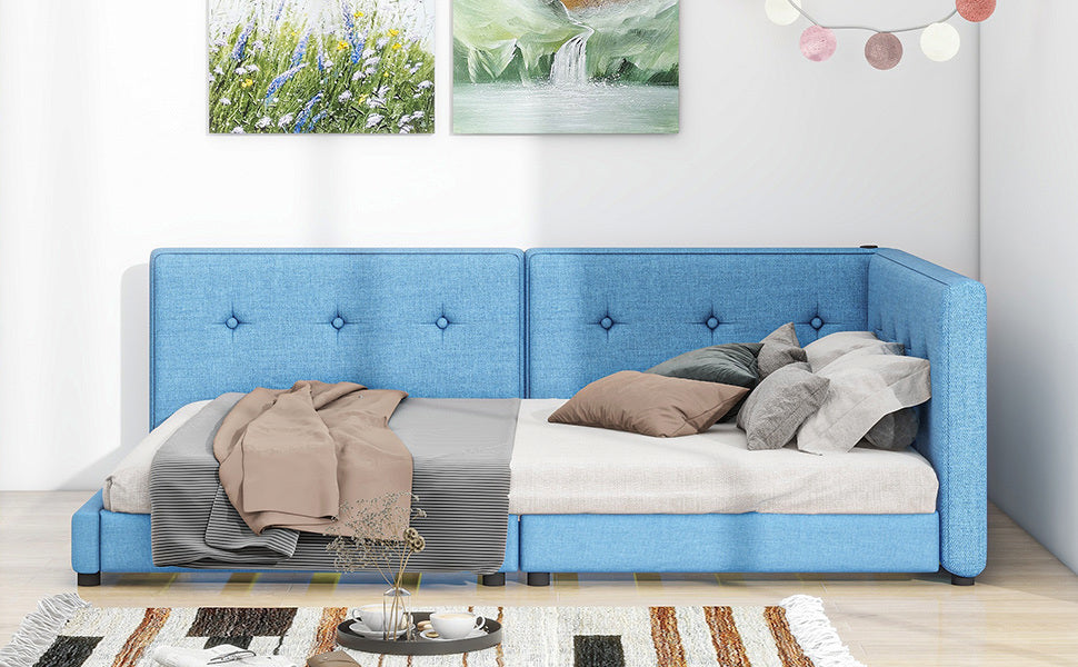 upholstered queen size platform bed with usb ports, blue