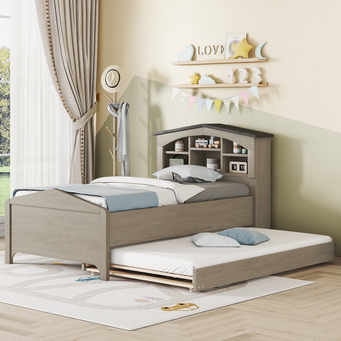 house-shaped bed with storage headboard and trundle, gray