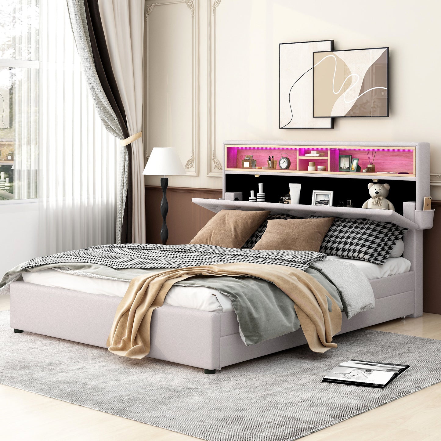 upholstered platform bed with storage headboard, led, usb charging and 2 drawers