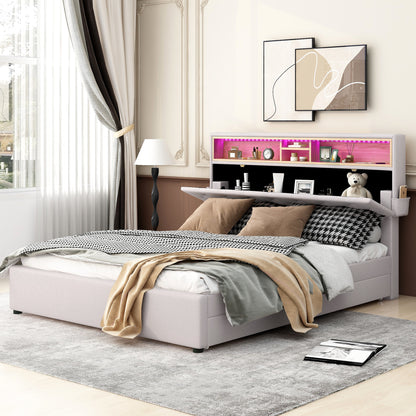 Upholstered Platform Bed with Storage Headboard, LED, USB Charging and 2 Drawers