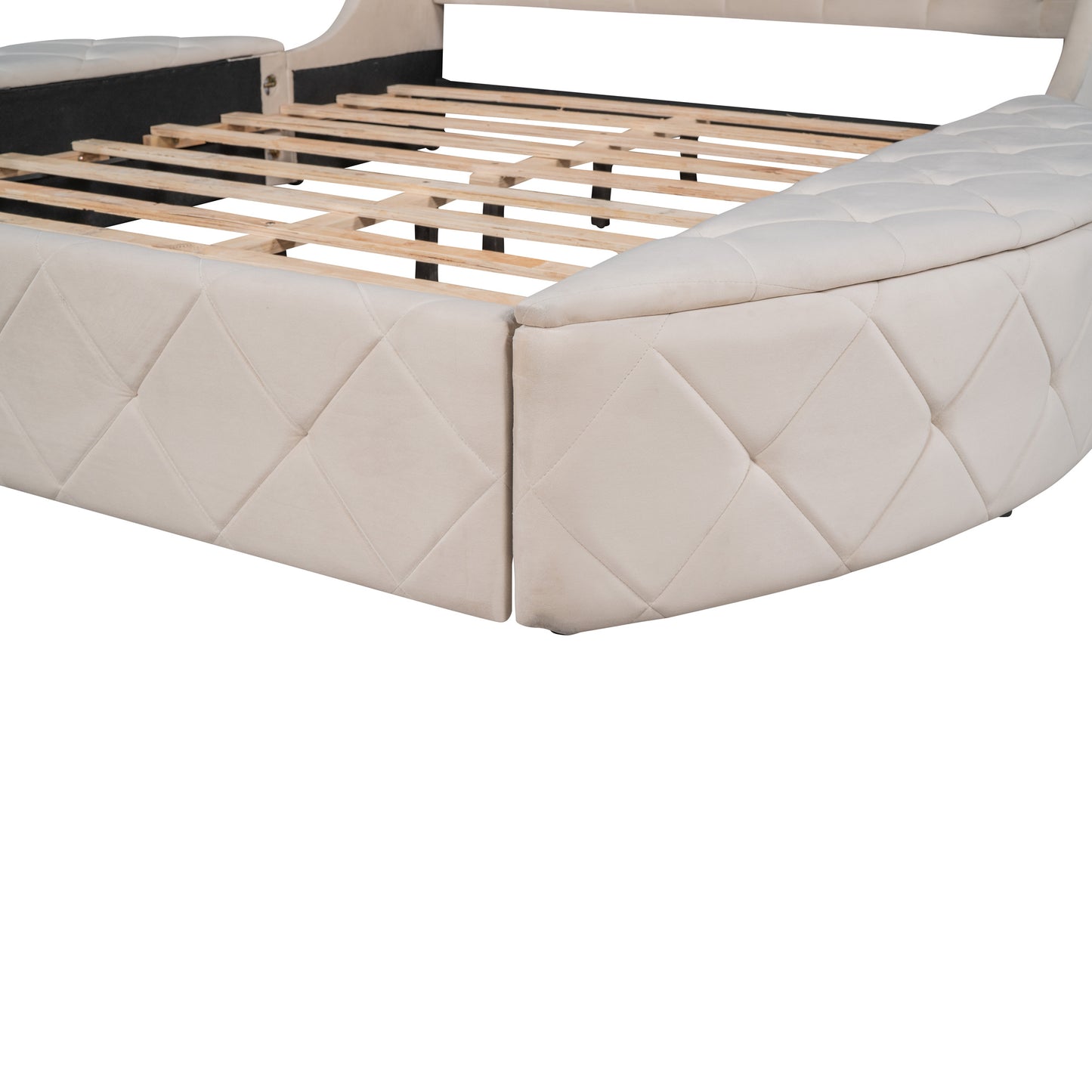 upholstered platform storage velvet bed with wingback headboard -biege