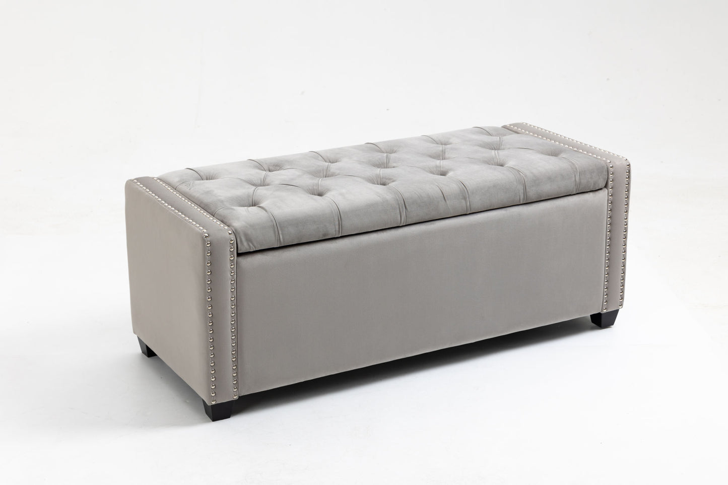 set of 3 47.5" wide upholstered storage ottoman with tufted top and solid wood legs gray