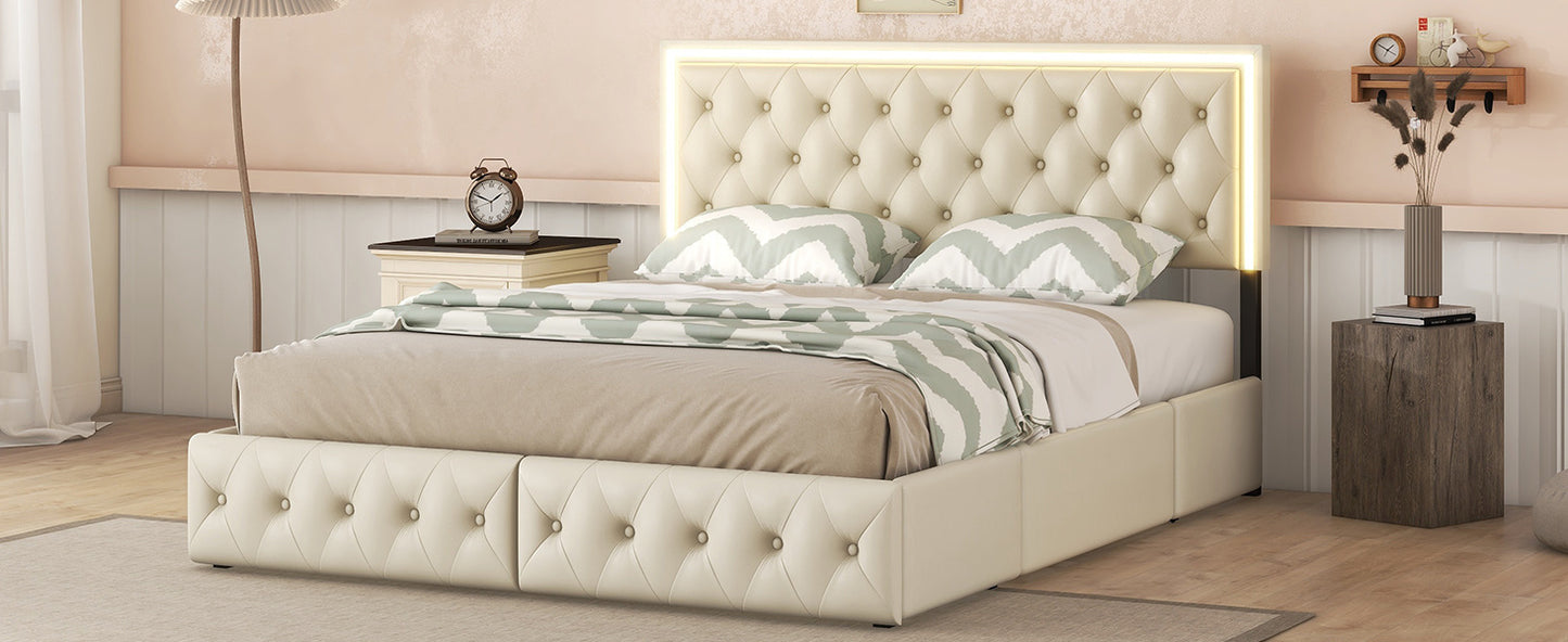upholstered leather led headboard bed frame with 4 storage drawers, beige