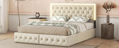 Upholstered Leather LED Headboard Bed Frame with 4 Storage Drawers, Beige