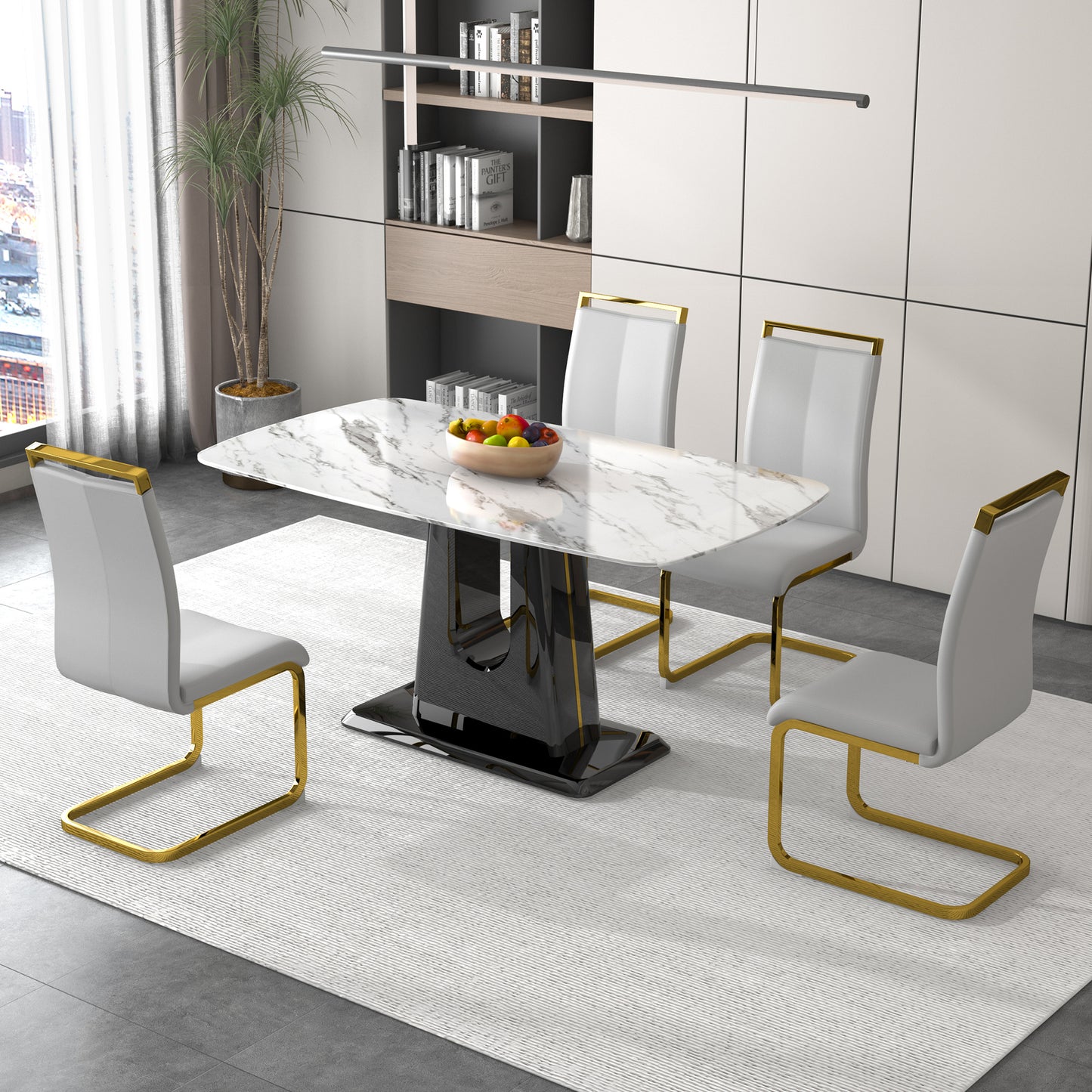 a modern, minimalist, and luxurious dining table with a white imitation marble tabletop and mdf legs with u-shaped brackets. tables in restaurants and living rooms 63"*35.4"*30 f-u