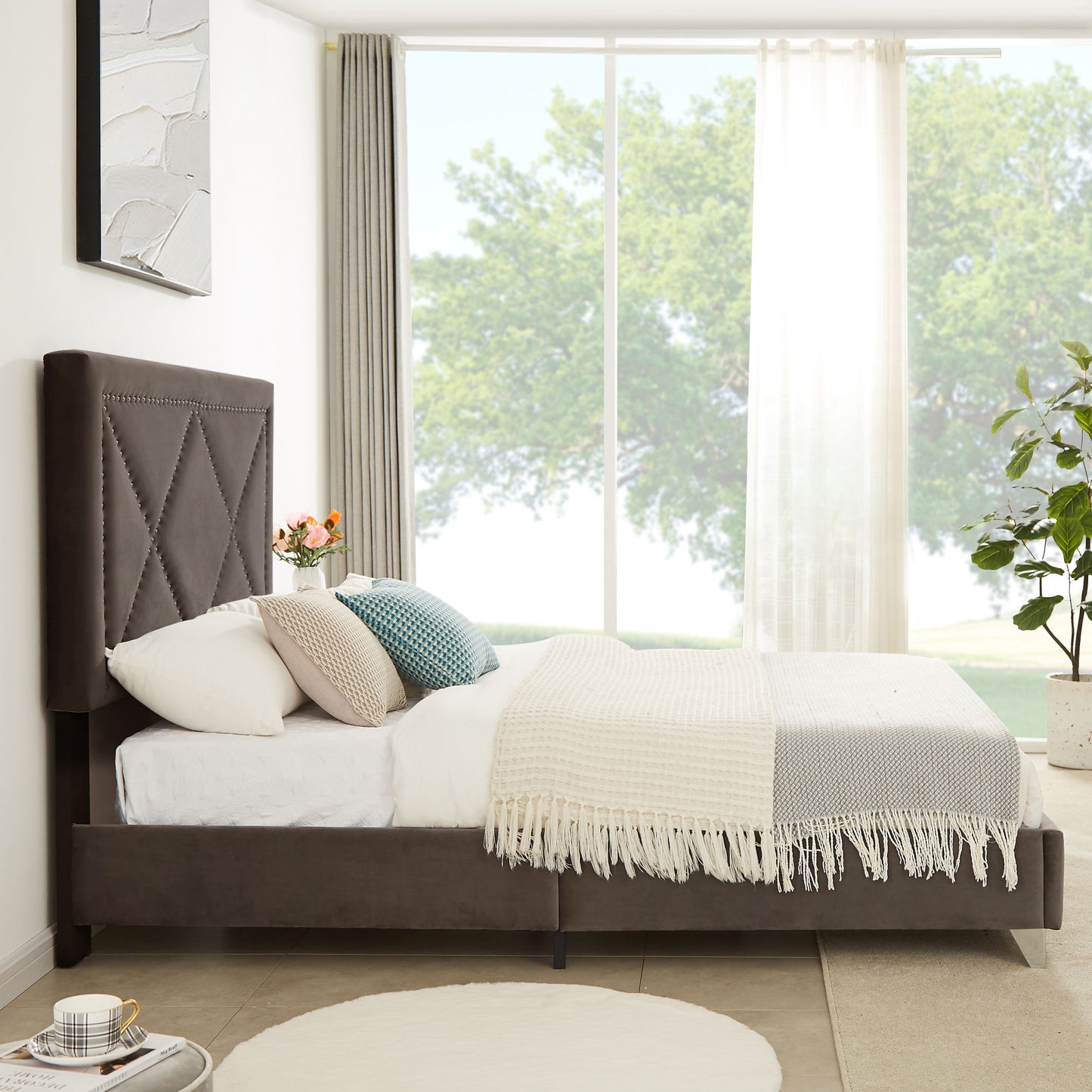 beautiful brass studs adorn the headboard, strong wooden slats + metal legs with electroplate
