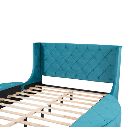 Upholstered Velvet Platform Bed with Wingback Headboard and 1 Big Drawer; 2 Side Storage Stool