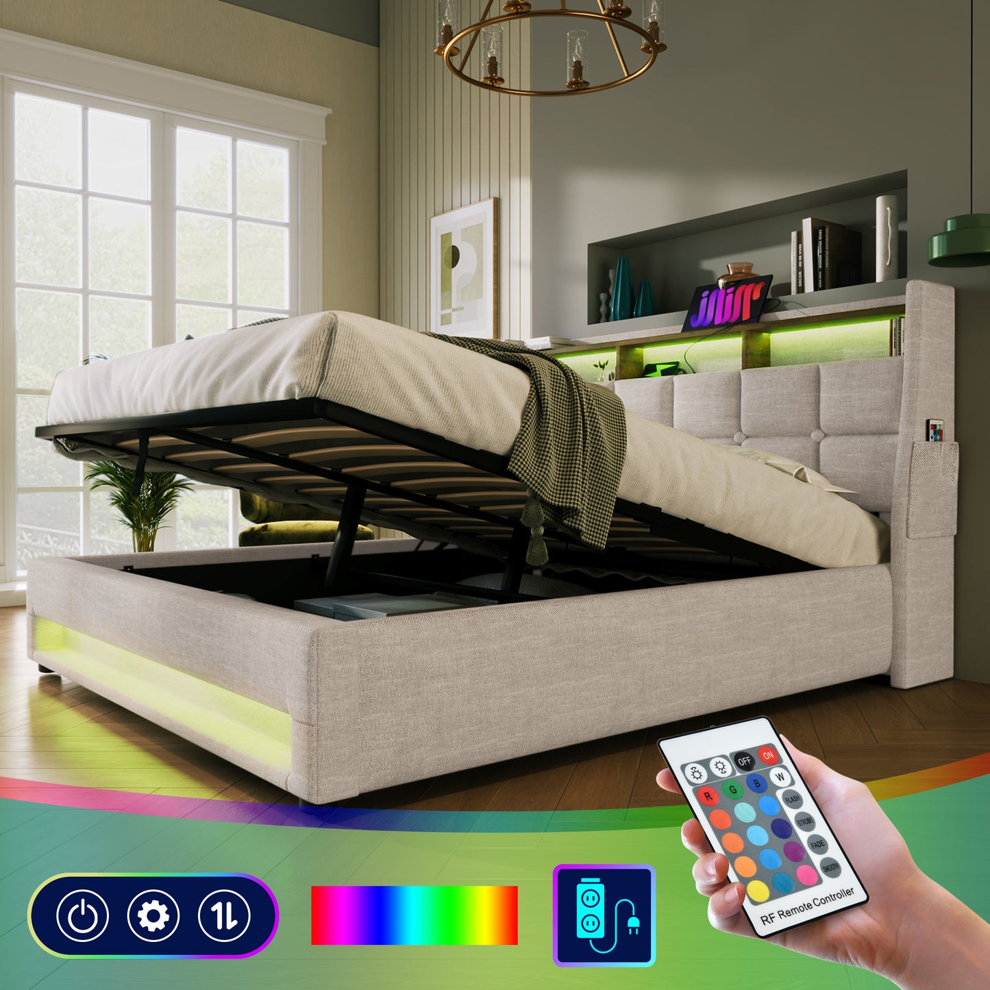 jody upholstered platform bed with a hydraulic storage system, led and usb charging,