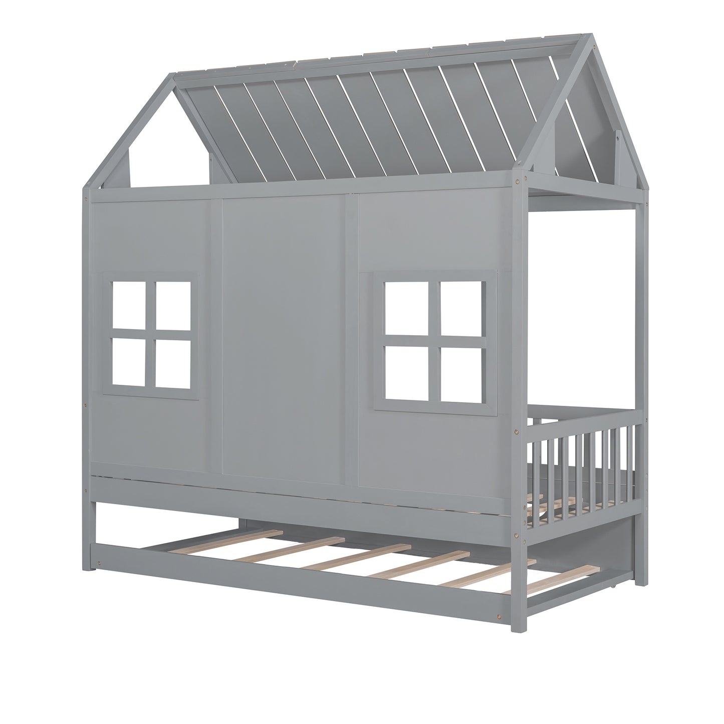 wood house bed with twin size trundle, gray