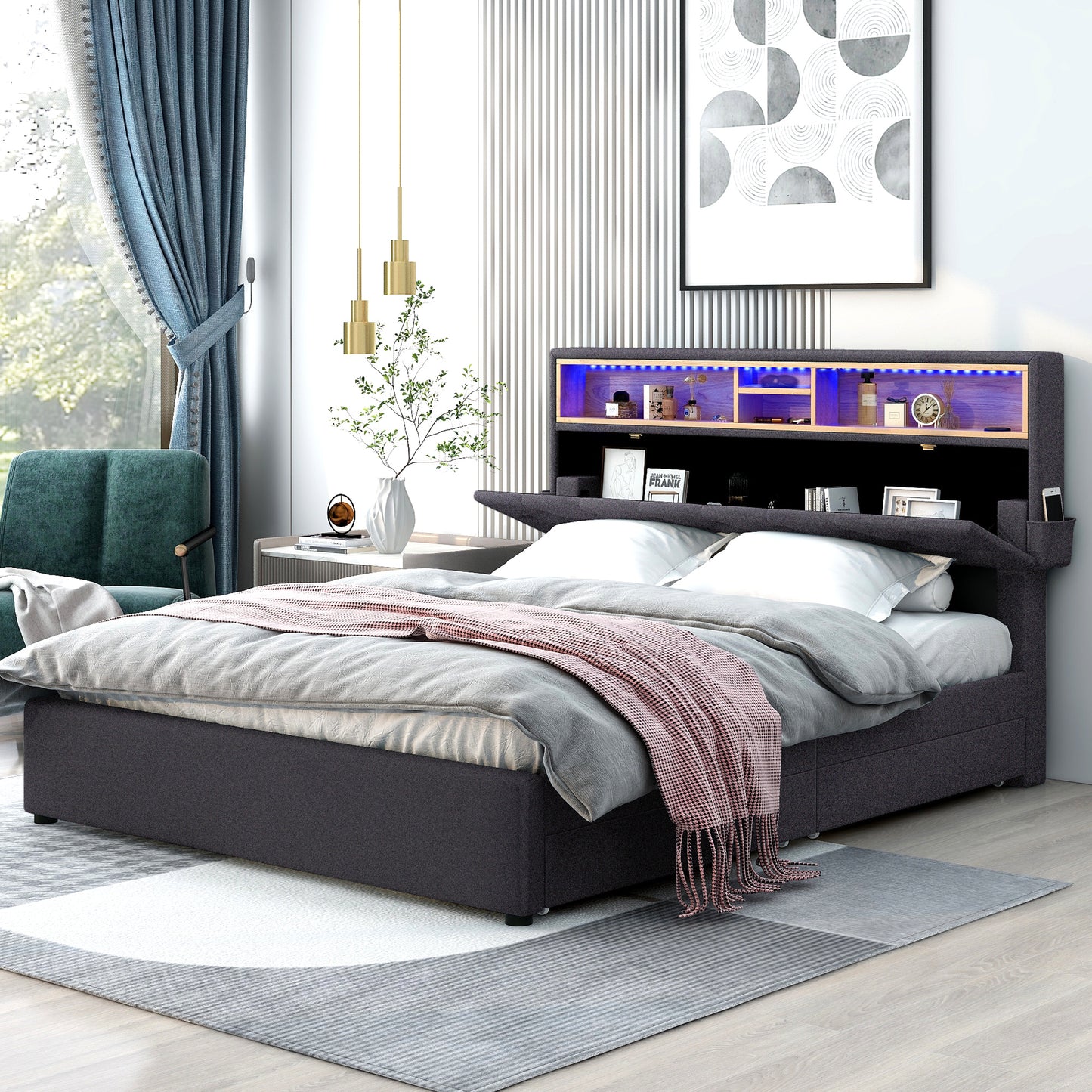 upholstered platform bed with storage headboard, led, usb charging and 2 drawers