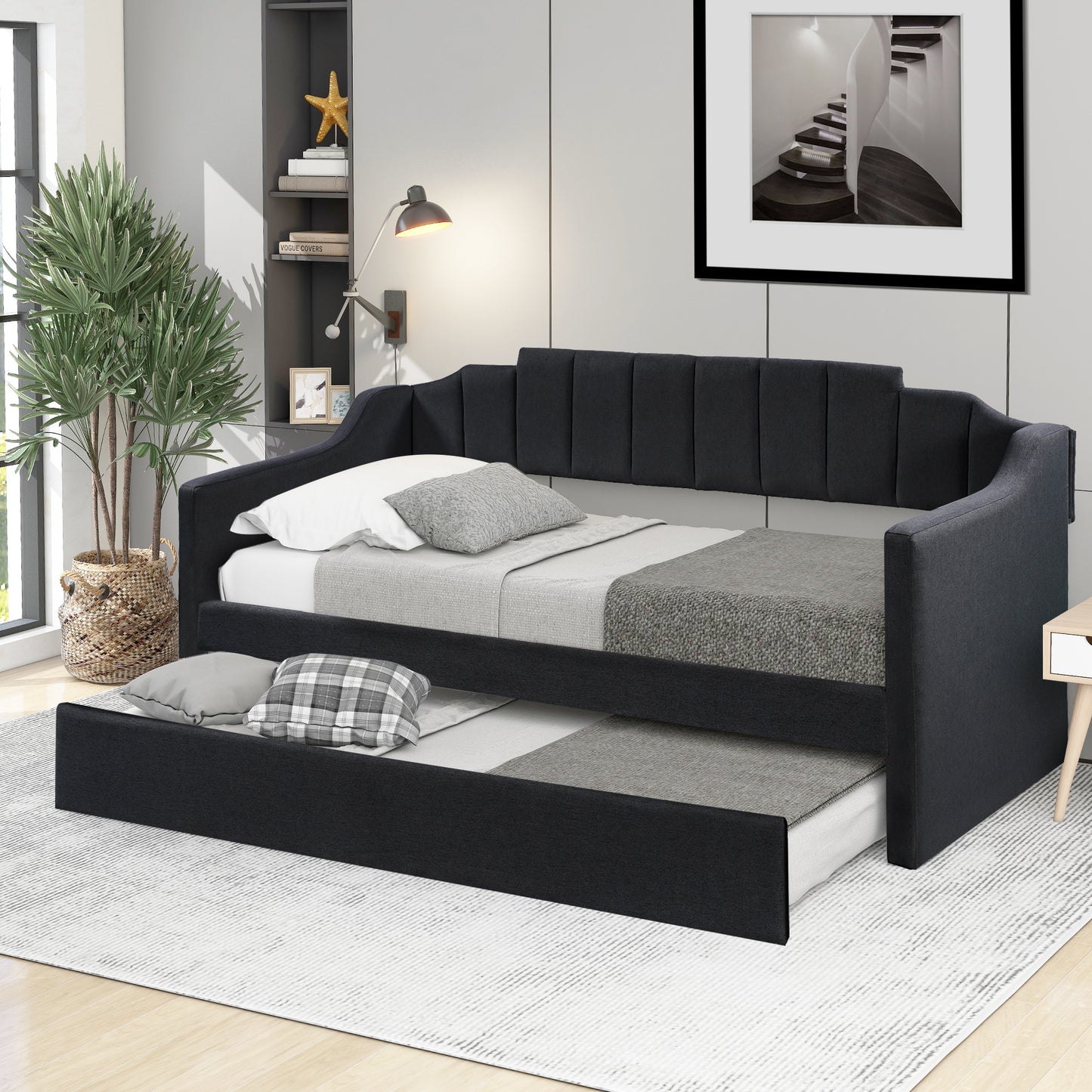 upholstered twin daybed with trundle,black