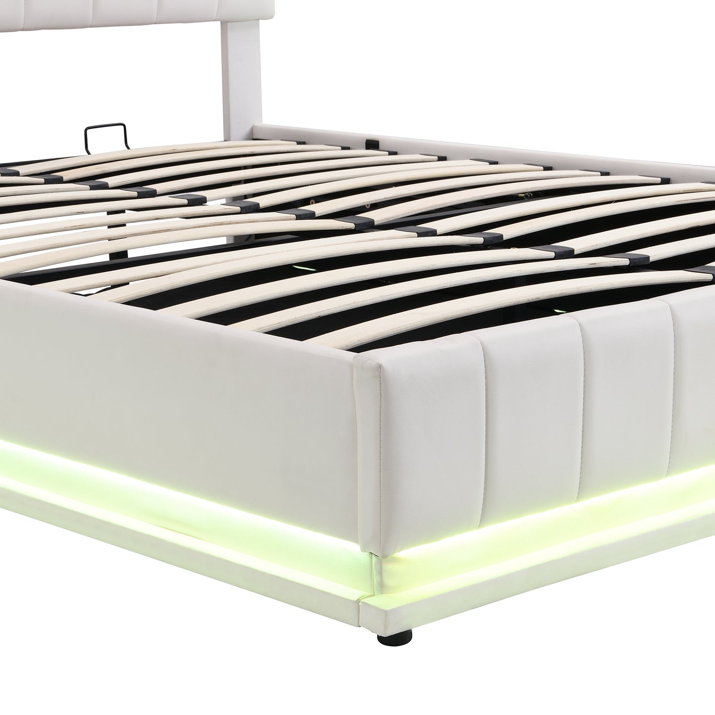 upholstered bed with hydraulic storage system and led light, sockets, and usb ports, white