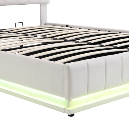 Upholstered Bed with Hydraulic Storage System and LED Light, Sockets, and USB Ports, White