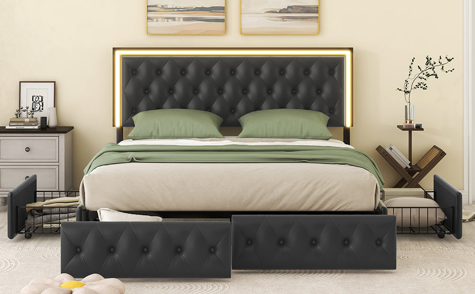 queen upholstered pu leather platform bed with led headboard, black