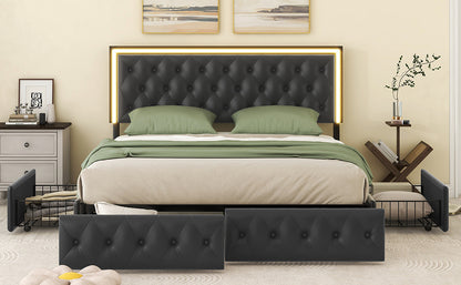 Queen Upholstered PU Leather Platform Bed with LED Headboard, Black