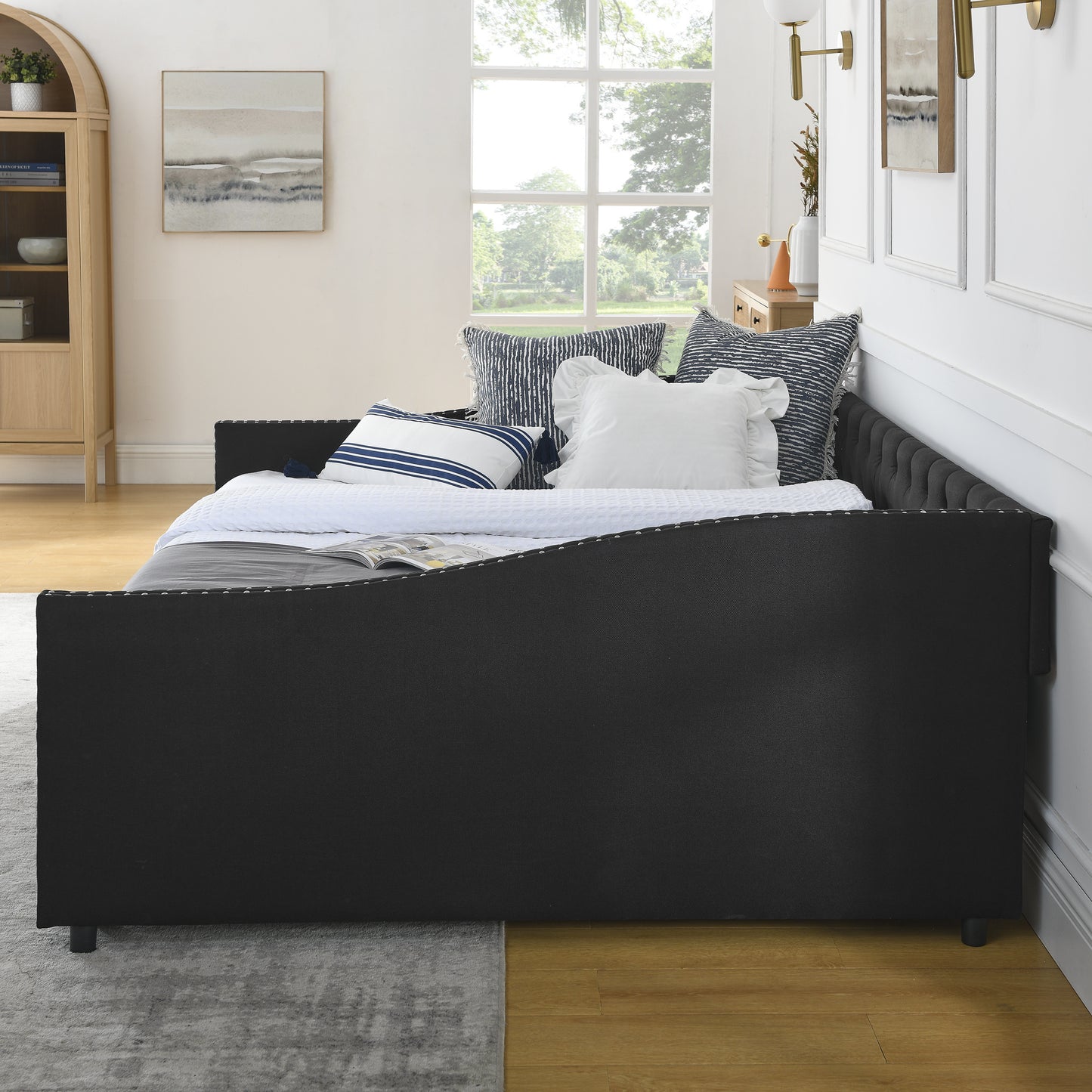 queen size daybed with drawers upholstered tufted sofa bed,,with button on back and copper nail on waved shape arms(84.5"x63.5"x26.5")