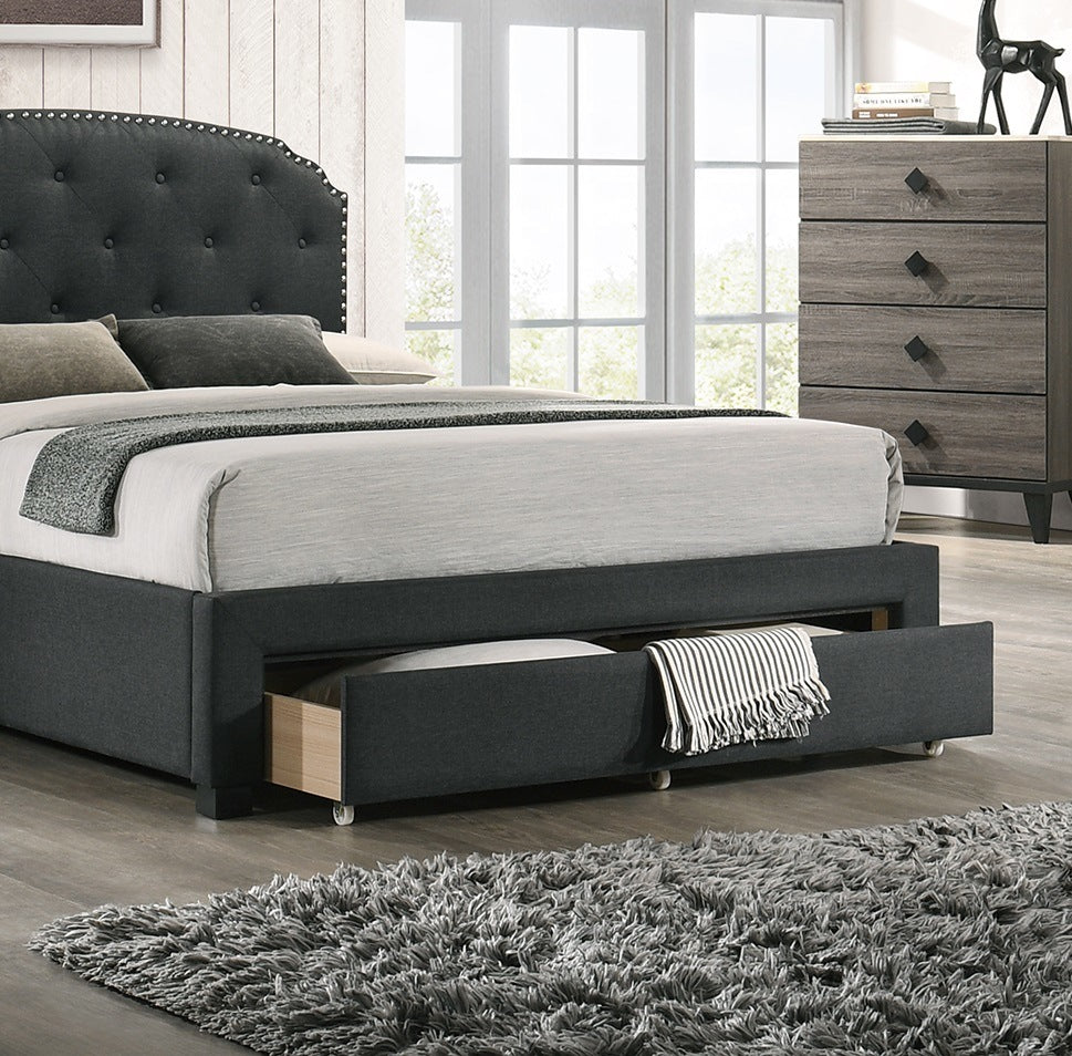 burlap bed with drawer button tufted headboard +storage, charcoal