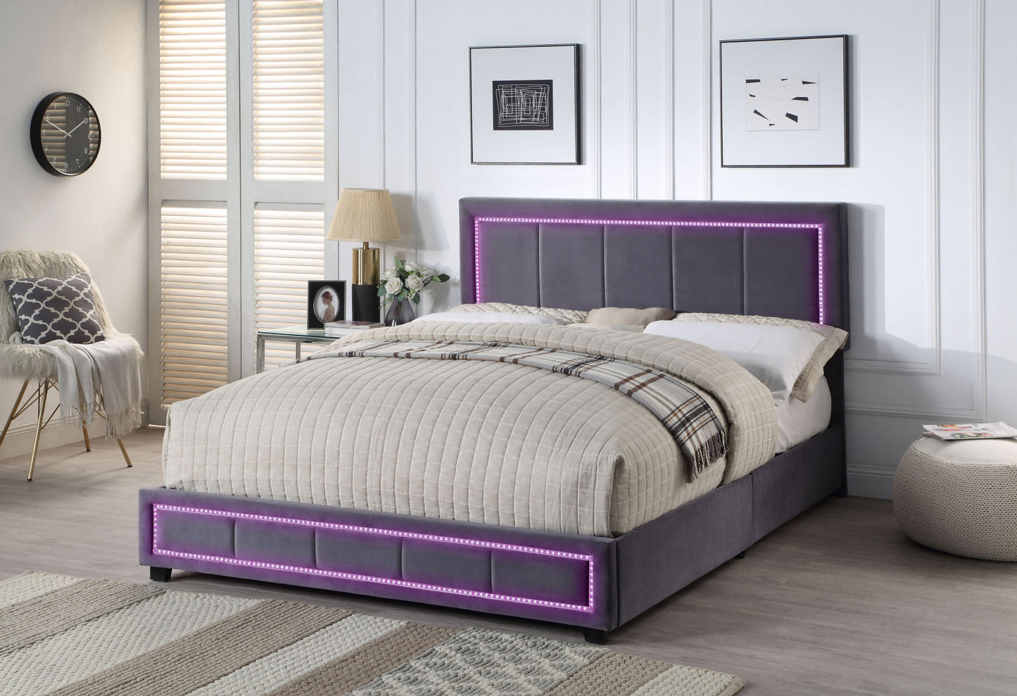 upholstered bed with led lights, 4 drawer storage, grey