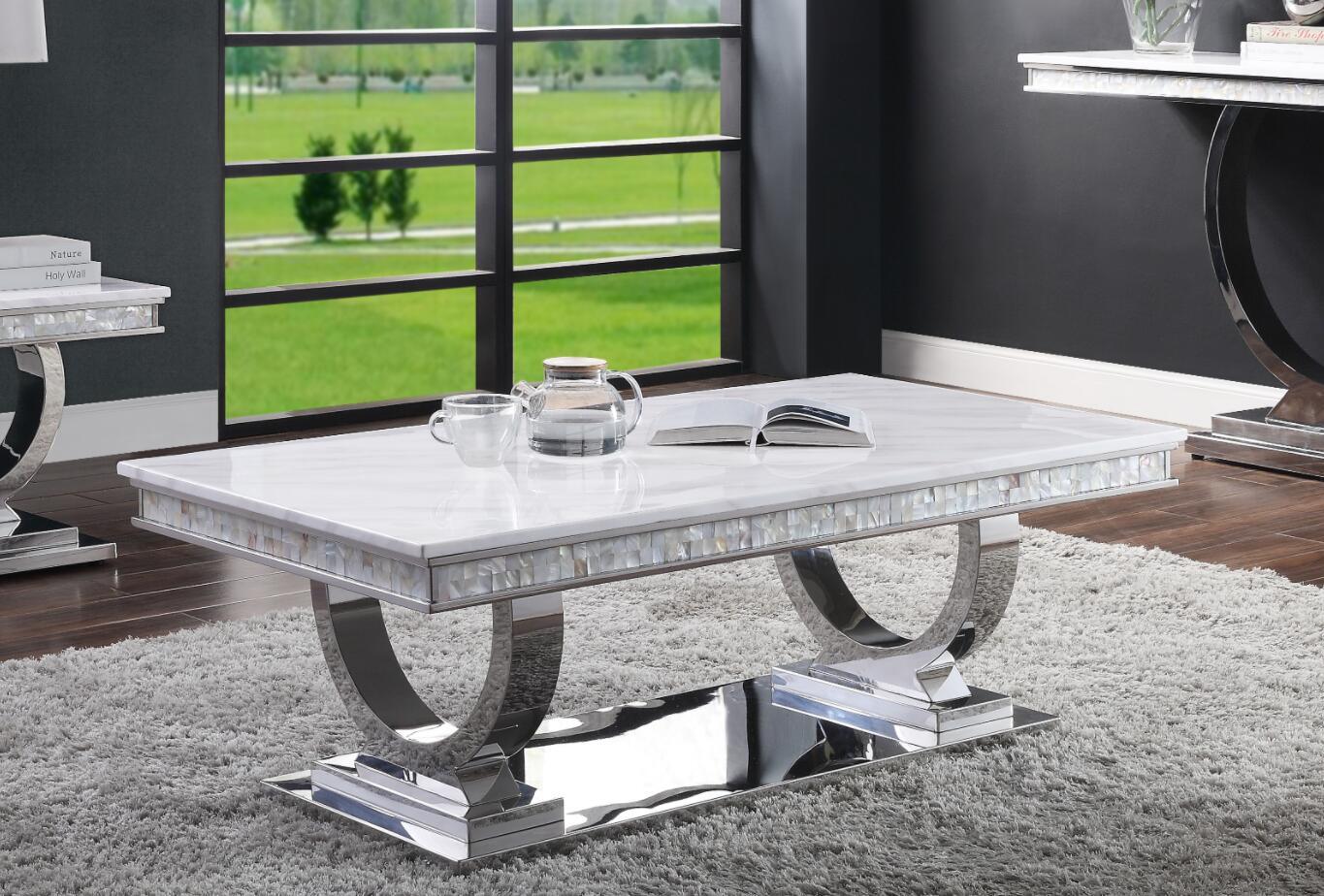 acme zander coffee table, white printed faux marble & mirrored silver finish